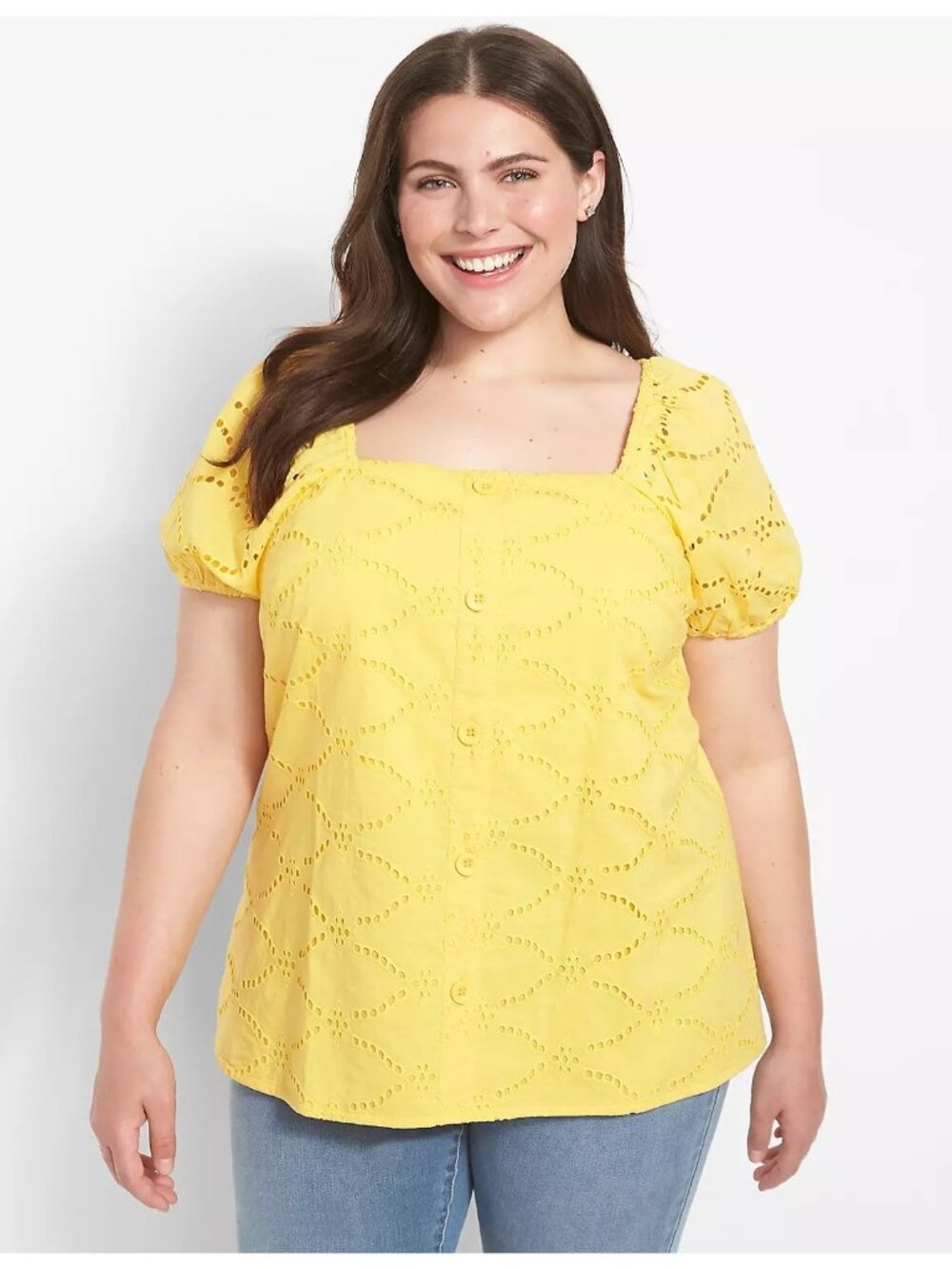 Lane Bryant Plus Size Yellow Eyelet Button-Down Blouse Short Puff Sleeves Square